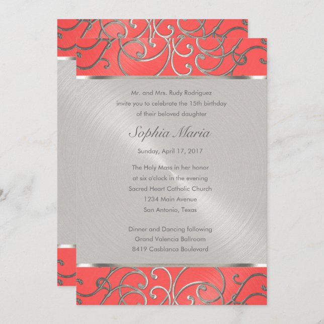 Convites Quinceanera Coral, Rosa e Pavimentos de Silver Fil (Frente/Verso)