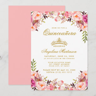 Convites Quinceanera Coroa Cor-de-Rosa Esbranquiçada Dourad