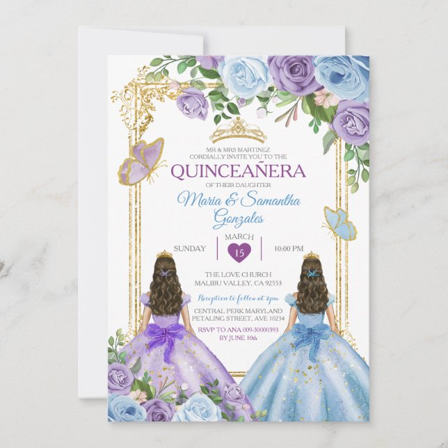 Convites Quinceañera, Coroa Floral Azul E Roxo Dourado (Frente)