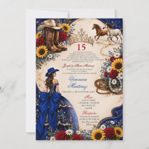 Convites Quinceañera Cowgirl Azul Real 