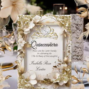 Convites Quinceanera Cream Floral Dourado Partido Tiara