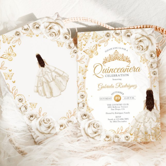 Convites Quinceanera Creme Dourado Floral (Criador carregado)