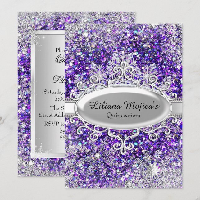 Convites Quinceanera Cristal Brilho Roxo Floco de Neve (Frente/Verso)