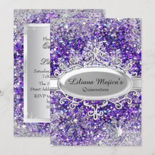 Convites Quinceanera Cristal Brilho Roxo Floco de Neve