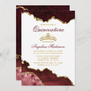 Convites Quinceanera Crown Burgundy Dourado Marble
