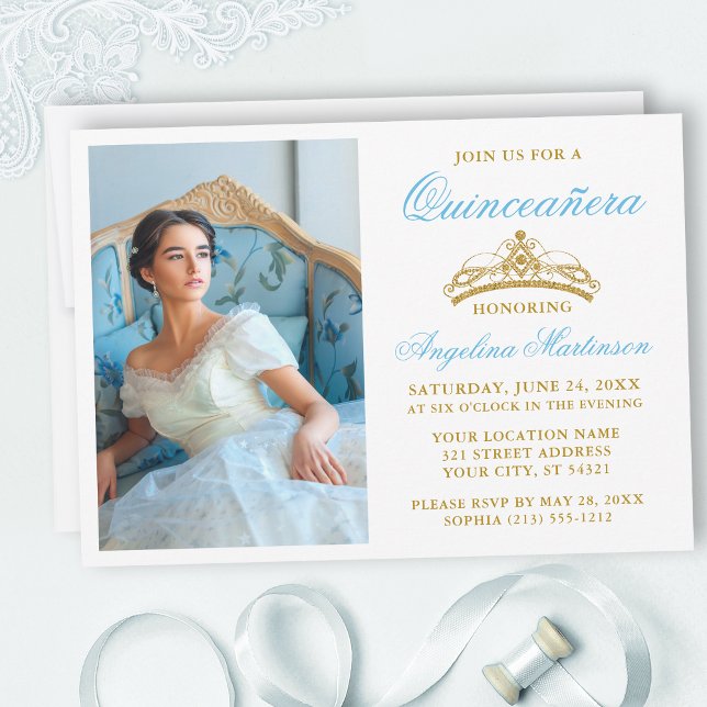 Convites Quinceanera da Coroa Dourada Azul Elegante (Customize to change text size, style, color or to add text or more photos to back of card.)