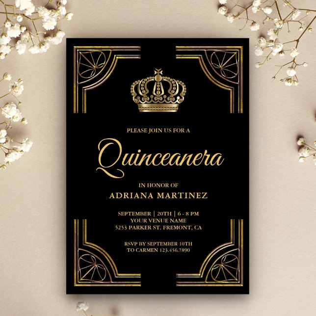 Convites Quinceanera da Coroa Dourada Vintage Black (Criador carregado)