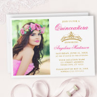 Quinceanera da Dourada Coroa Elegante Rosa Quente