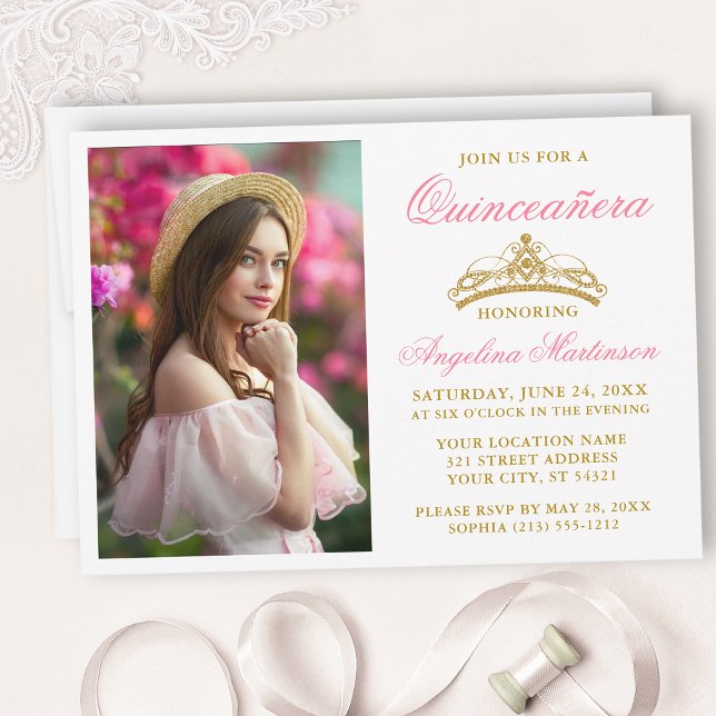 Convites Quinceanera da Dourada Coroa Rosa Elegante Moderna (Customize to change text size, style, color or to add text or more photos to back of card.)