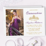 Convites Quinceanera da Dourada Coroa Roxa Moderna Elegante<br><div class="desc">Convite Elegante Moderno para Quinceanera com Coroa Dourada e Foto - Roxo</div>