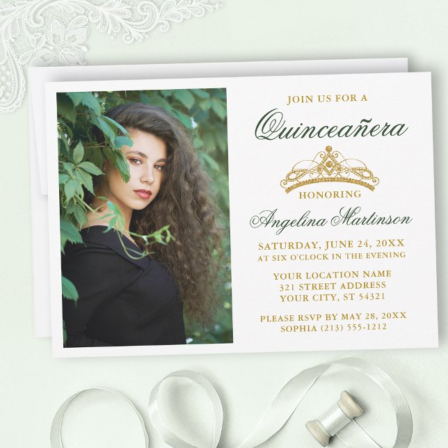 Convites Quinceanera da Dourada Coroa Verde Elegante modern (Customize to change text size, style, color or to add text or more photos to back of card.)