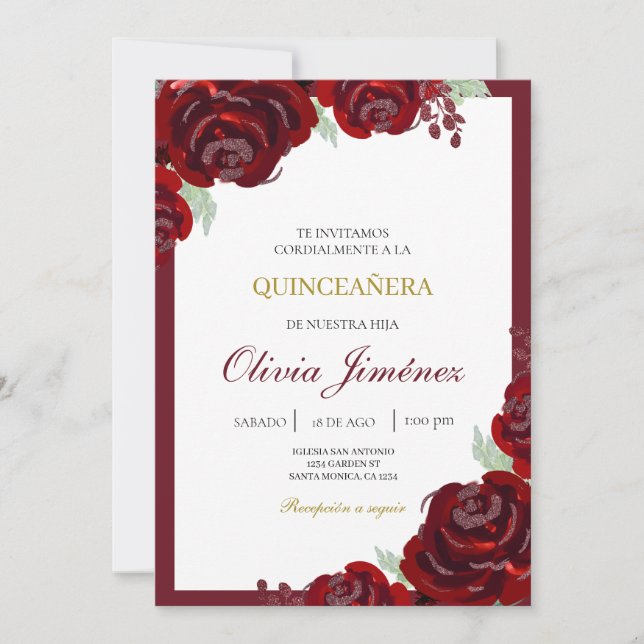 Convites Quinceañera da flor da Burgundia (Frente)
