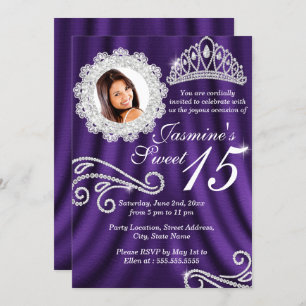 Convites Quinceanera da Foto de Diamante de Prata Roxo