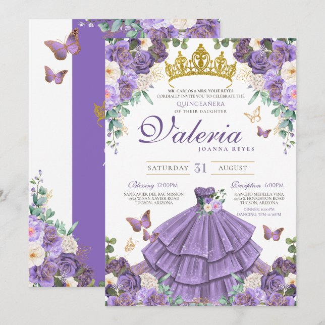 Convites Quinceanera da Rosa roxa-claro (Frente/Verso)