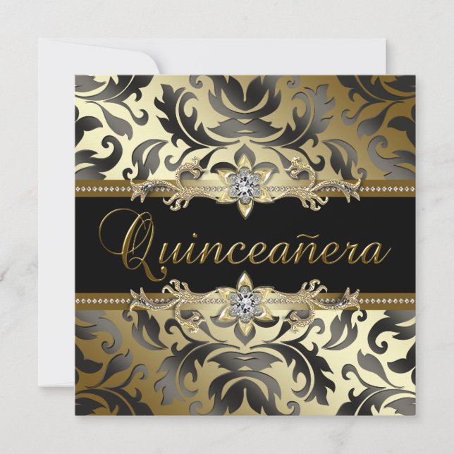 Convites Quinceanera Damasco Ouro Preto (Frente)
