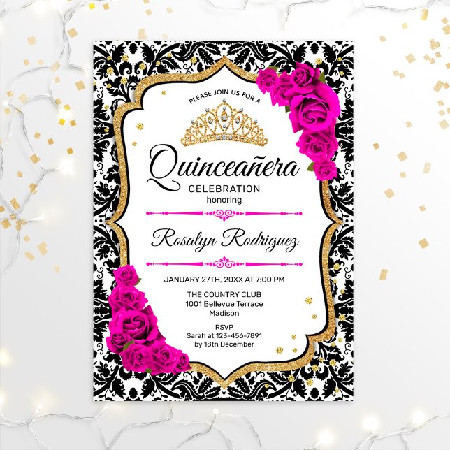 Convites Quinceanera - Damasco Rosa Dourado (Criador carregado)