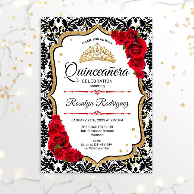Convites Quinceanera - Damasco Vermelho Dourado (Criador carregado)