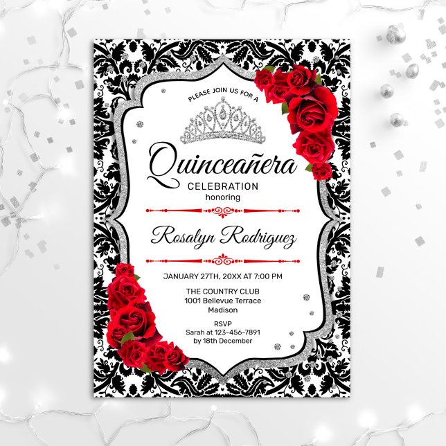 Convites Quinceanera - Damask Red Silver (Criador carregado)