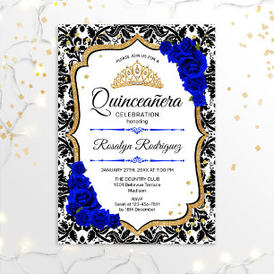 Convites Quinceanera - Damask Royal Blue Dourado