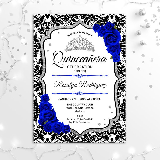 Convites Quinceanera - Damask Royal Blue Silver (Criador carregado)