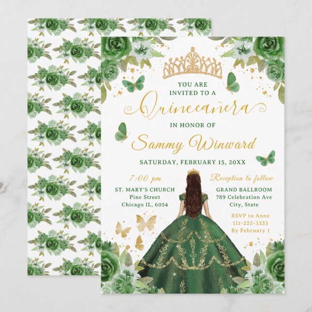 Convites Quinceañera Dark Green Princess Brunette Girl (Frente/Verso)