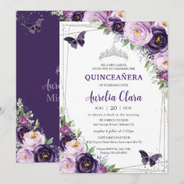 Convites Quinceañera Dark Purple Lilac Borboletas Florais