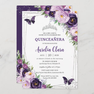 Convites Quinceañera Dark Purple Lilac Borboletas Florais