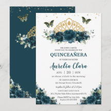 Quinceañera Dark Teal Borboletas Florais Coroa
