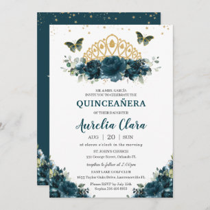 Convites Quinceañera Dark Teal Borboletas Florais Coroa