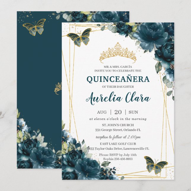 Convites Quinceañera Dark Teal Peacock Borboletas (Frente/Verso)