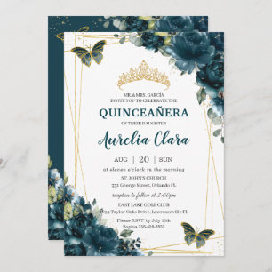 Convites Quinceañera Dark Teal Peacock Borboletas