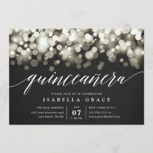 Convites Quinceanera das luzes Douradas e pretas elegantes