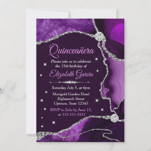 Convites Quinceanera de Ágata Brilhante Roxo e Prata