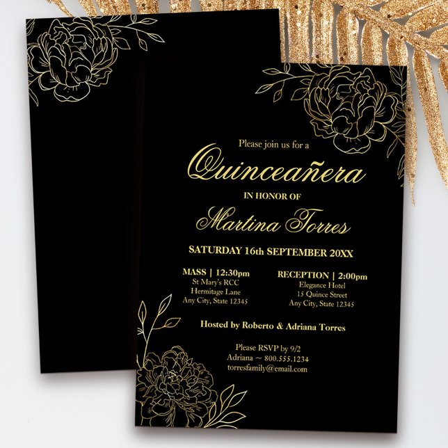 Convites Quinceanera de Arte Fina Dourada Floral Preta e Ma (decorated both sides and available professionally printed or as a digital download)