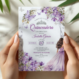 Convites Quinceañera de Borboletas Florais Roxo Prata