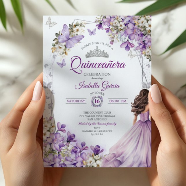 Convites Quinceañera de Borboletas Florais Roxo Prata (Criador carregado)