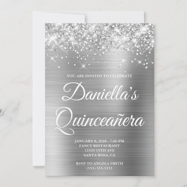 Convites Quinceañera de Brilho Espelhado Prateado (Frente)