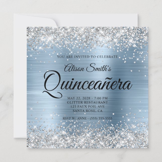 Convites Quinceanera de cor azul-clara de prata (Frente)