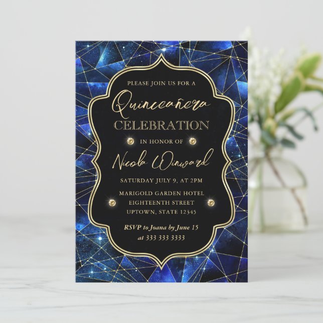 Convites Quinceanera de cristal de meia-noite azul e Dourad (Em pé/Frente)