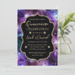 Convites Quinceanera de cristal de meia-noite roxa e azul