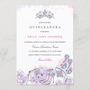 Convites Quinceanera de cristal elegante azul cor-de-rosa
