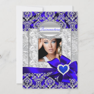 Convites Quinceanera de Damasco Azul e Prata