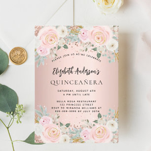 Convites Quinceanera de flores brancas em rosa ouro