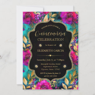 Convites Quinceanera de Flores Rosa e Verde Água em Aquarel