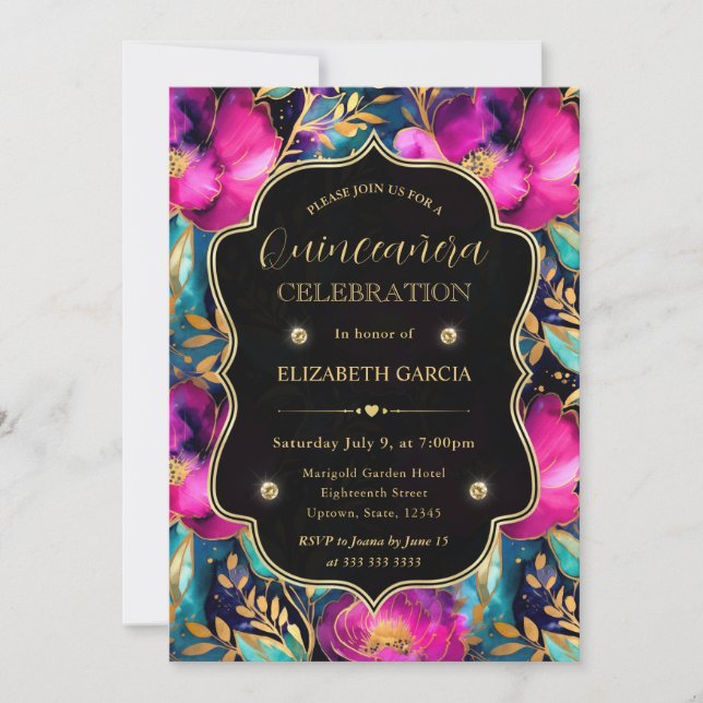 Convites Quinceanera de Flores Roxas e Turquesa em Aquarela (Frente)