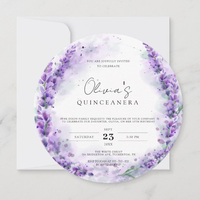 Convites Quinceanera de Foto Moderna com Aquarela Lavanda C (Frente)