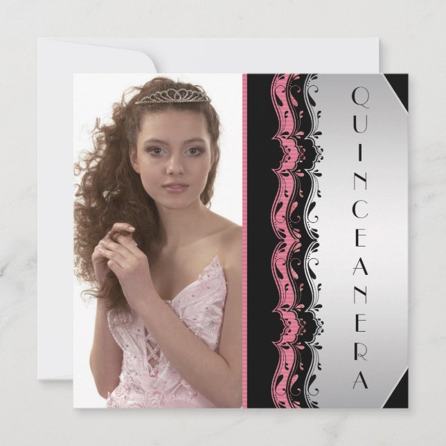 Convites Quinceanera de Foto Preta Rosa (Frente)