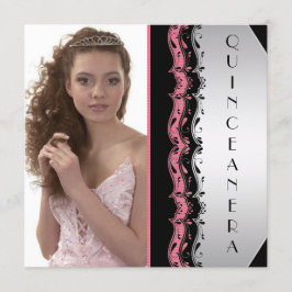 Convites Quinceanera de Foto Preta Rosa