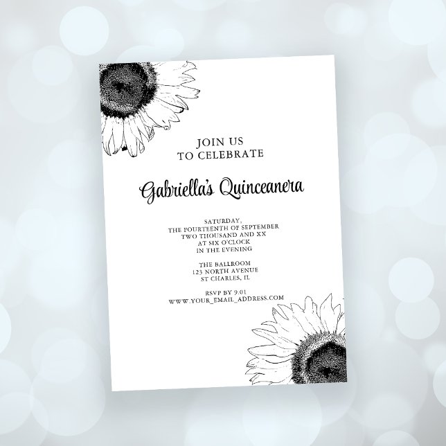Convites Quinceanera de girassol preto e branco (Criador carregado)