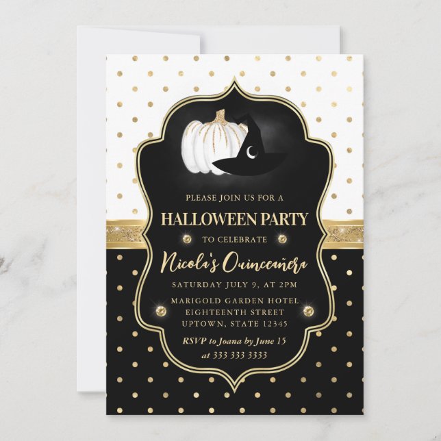 Convites Quinceanera de Halloween com Bolinhas Pretas e Bra (Frente)